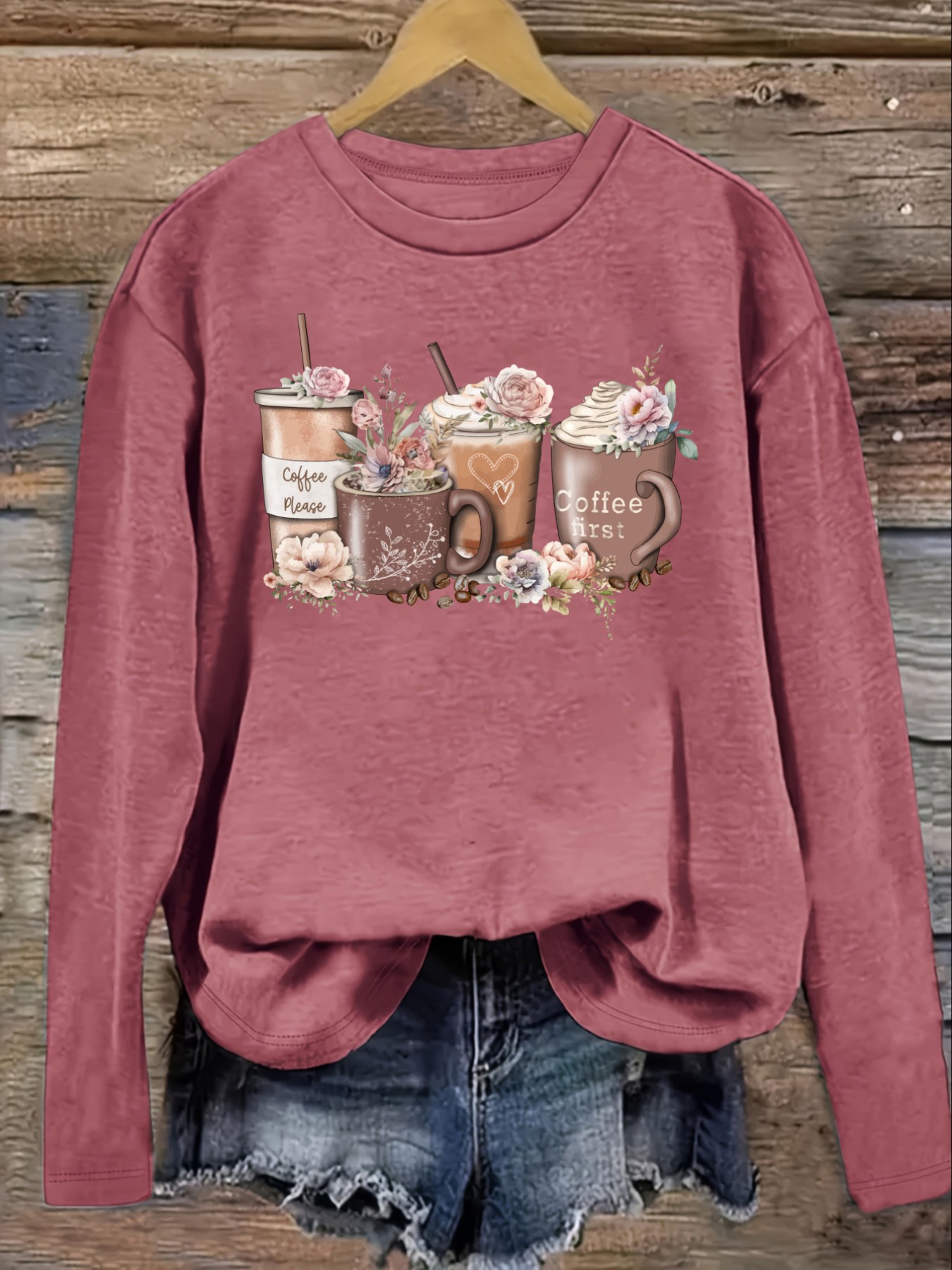 여성 캐주얼 긴소매 크루넥 티셔츠, 커피컵 꽃무늬 프린 - Coffee & Tea Ken'S House 리뷰 및 가격