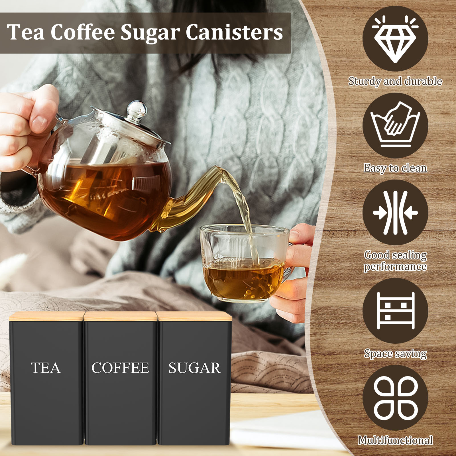 커피 콩 저장 용기 금속 커피 차 설탕 용기 대나무 뚜 - Coffee Tea Sugar Canister Set 리뷰 및 가격